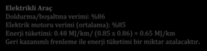 Benzinli Araç Enerji Tüketimi = Ortalama Tüketim x Enerji Yoğunluğu Enerji Tüketimi = 0.076 l/km x 32 MJ/l = 2.4 MJ/km = 0.667 kwh/km Mekanik Verim %20 alınırsa: 2.4 MJ/km x 0.2 = 0.