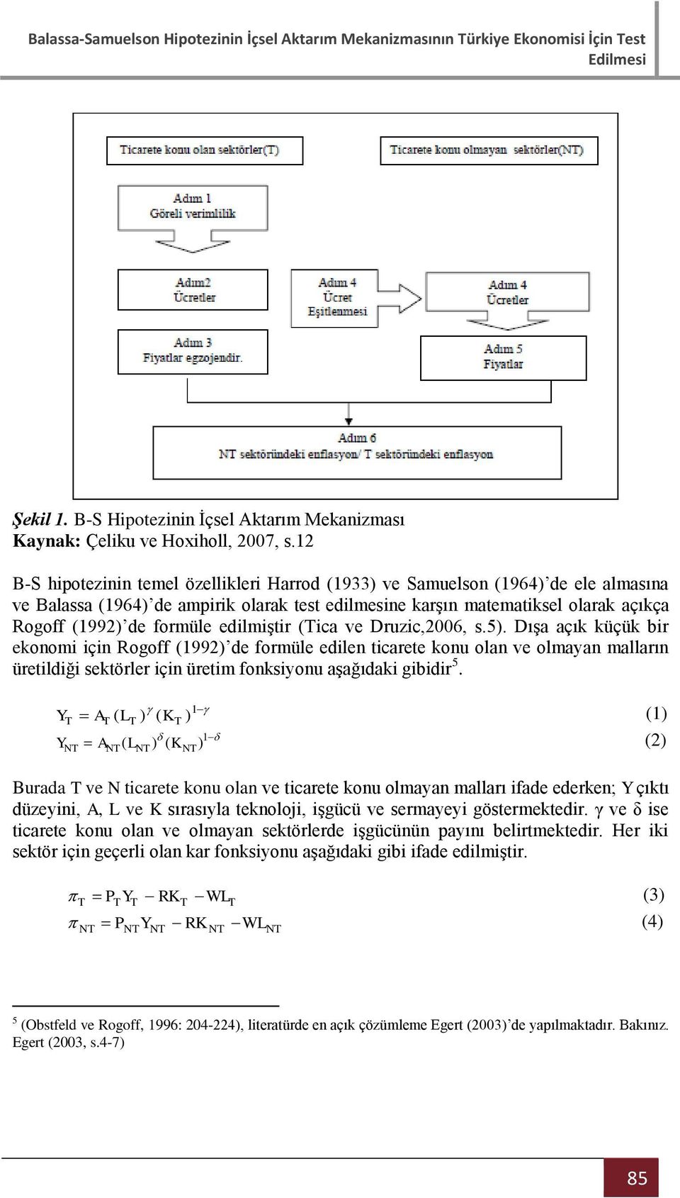 edilmişir (ica ve Druzic,2006, s.5). Dışa açık küçük bir ekonomi için Rogoff (1992) de formüle edilen icaree konu olan ve olmayan malların üreildiği sekörler için üreim fonksiyonu aşağıdaki gibidir 5.