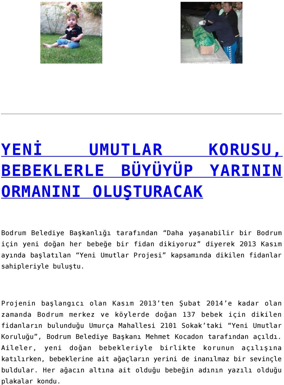 Projenin başlangıcı olan Kasım 2013 ten Şubat 2014 e kadar olan zamanda Bodrum merkez ve köylerde doğan 137 bebek için dikilen fidanların bulunduğu Umurça Mahallesi 2101 Sokak taki Yeni