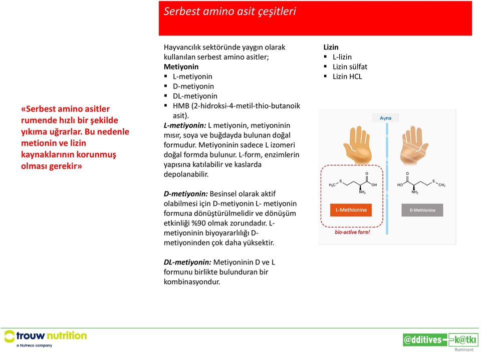 (2-hidroksi-4-metil-thio-butanoik asit). L-metiyonin: L metiyonin, metiyoninin mısır, soya ve buğdayda bulunan doğal formudur. Metiyoninin sadece L izomeri doğal formda bulunur.