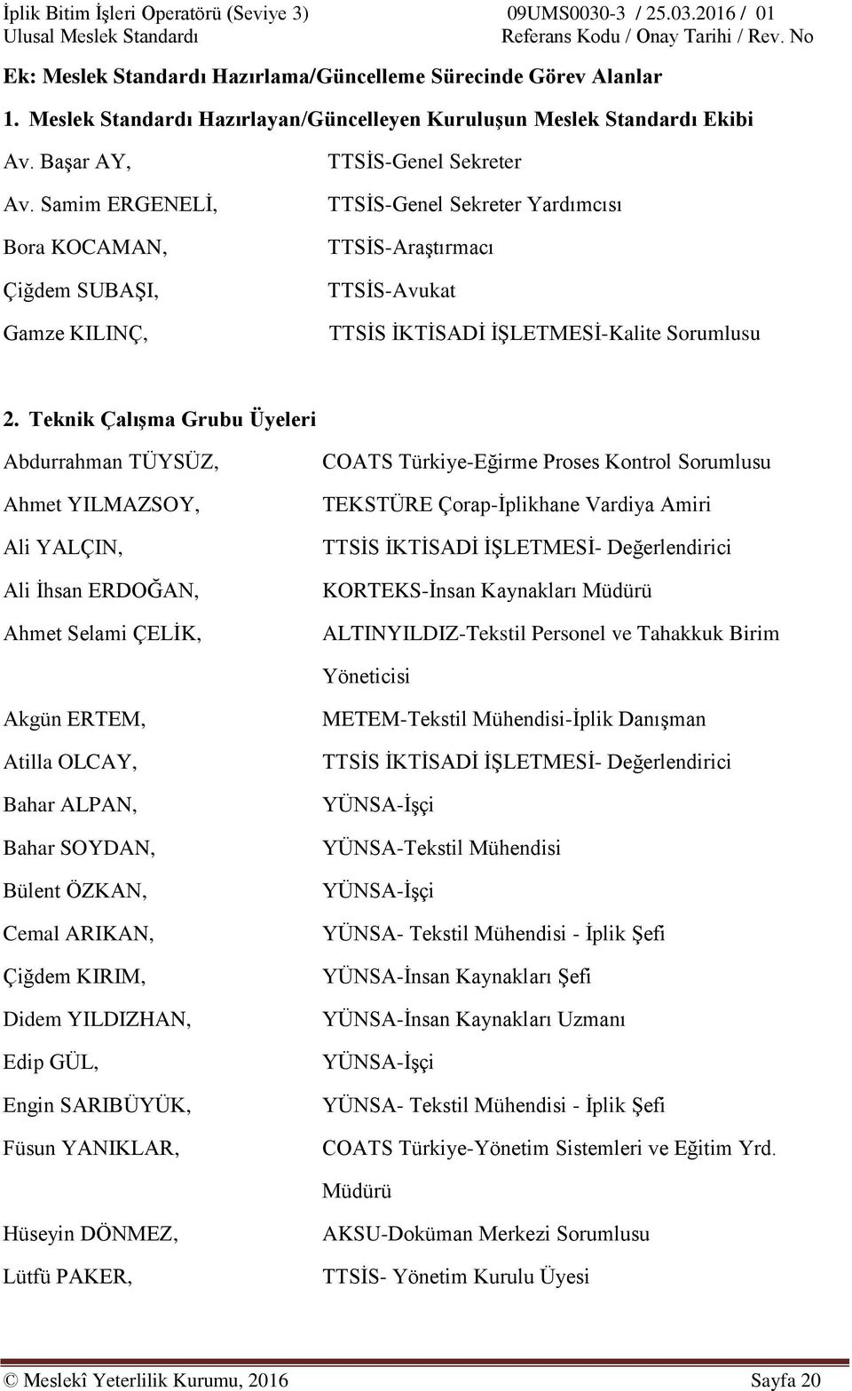 Teknik Çalışma Grubu Üyeleri Abdurrahman TÜYSÜZ, Ahmet YILMAZSOY, Ali YALÇIN, Ali İhsan ERDOĞAN, Ahmet Selami ÇELİK, COATS Türkiye-Eğirme Proses Kontrol Sorumlusu TEKSTÜRE Çorap-İplikhane Vardiya