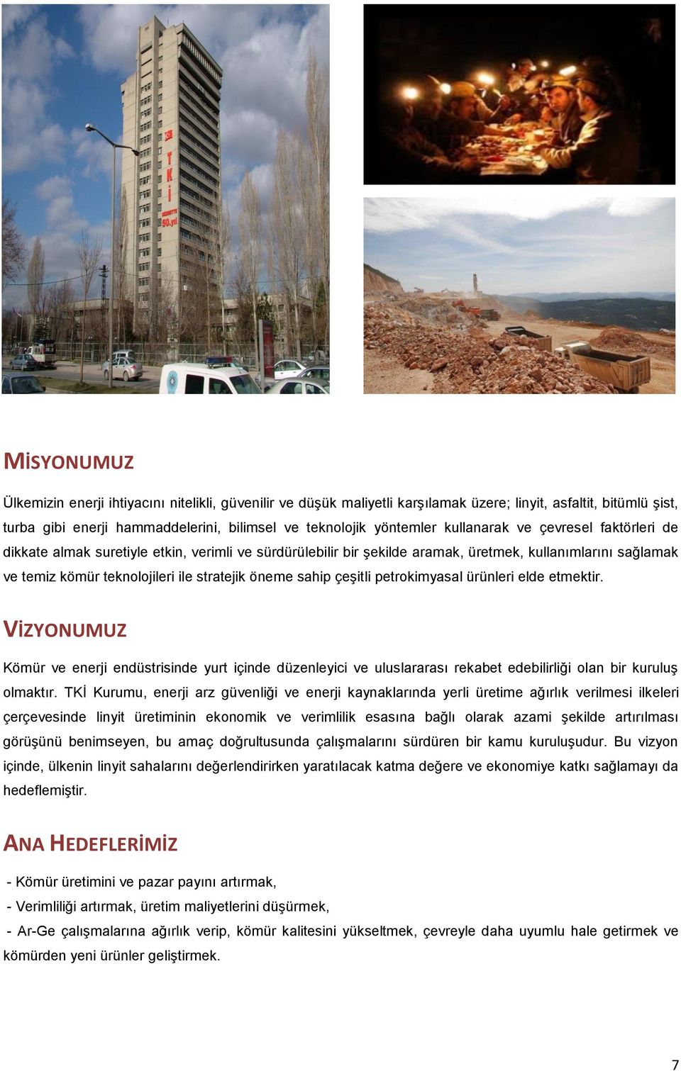 sahip çeşitli petrokimyasal ürünleri elde etmektir. VİZYONUMUZ Kömür ve enerji endüstrisinde yurt içinde düzenleyici ve uluslararası rekabet edebilirliği olan bir kuruluş olmaktır.