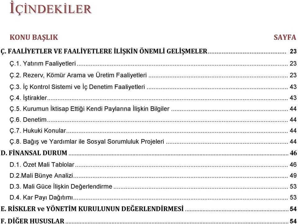 Hukuki Konular... 44 Ç.8. Bağış ve Yardımlar ile Sosyal Sorumluluk Projeleri... 44 D. FİNANSAL DURUM... 46 D.1. Özet Mali Tablolar... 46 D.2.Mali Bünye Analizi... 49 D.