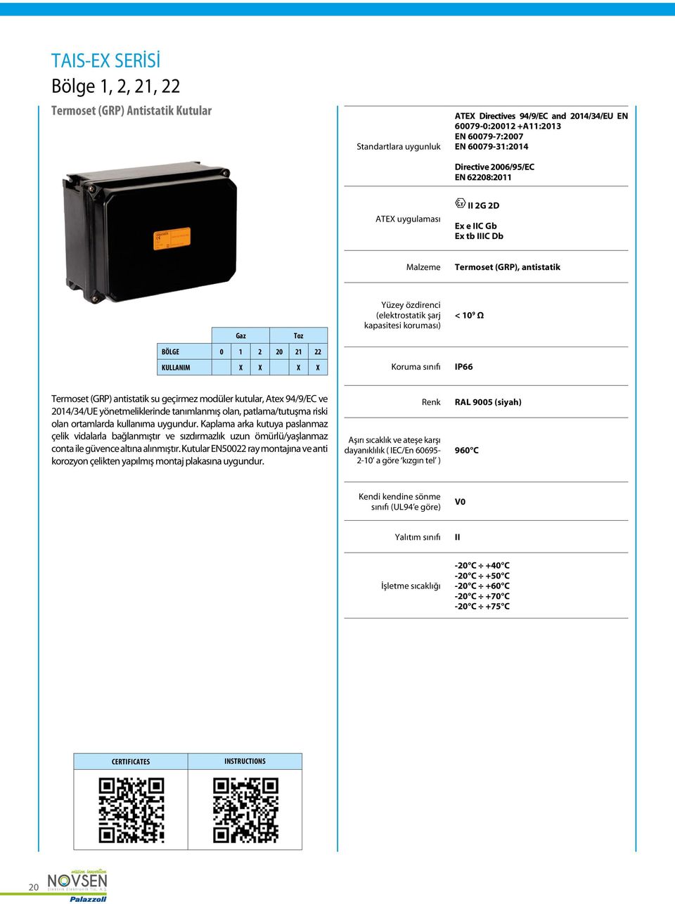 kapasitesi koruması) Koruma sınıfı < 10 9 Ω IP66 Termoset (GRP) antistatik su geçirmez modüler kutular, Atex 94/9/EC ve 2014/34/UE yönetmeliklerinde tanımlanmış olan, patlama/tutuşma riski olan