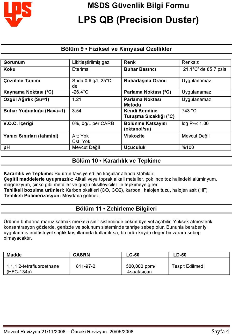 54 Kendi Kendine Tutuşma Sıcaklığı ( C) V.O.C. İçeriği 0%, 0g/L per CARB Bölünme Katsayısı (oktanol/su) Uygulanamaz 743 C log Pow: 1.