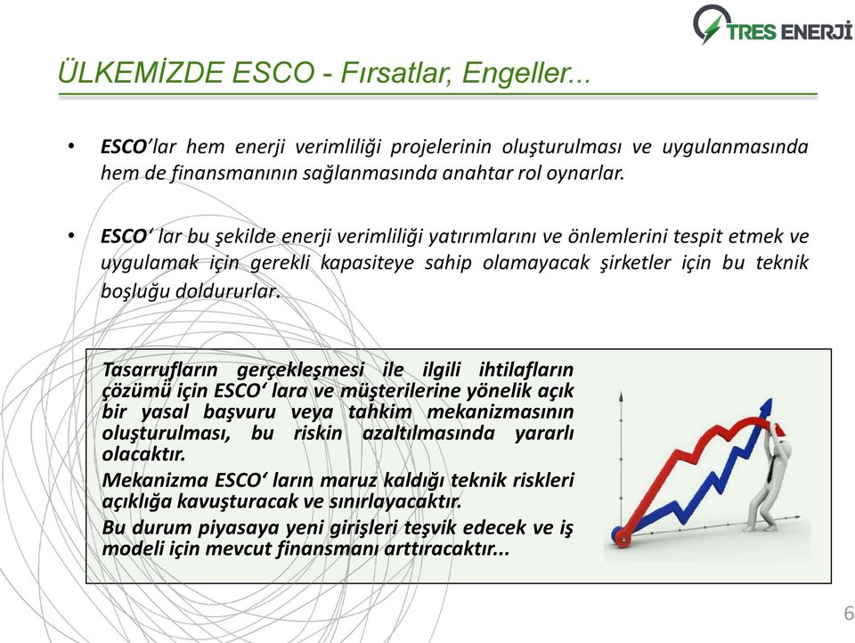 Tasarrufların gerc ekles mesi ile ilgili ihtilafların c o zu mu için ESCO lara ve mu s terilerine yönelik ac ık bir yasal bas vuru veya tahkim mekanizmasının olus turulması, bu riskin