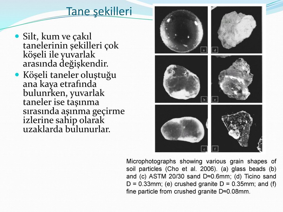 olarak uzaklarda bulunurlar. Microphotographs showing various grain shapes of soil particles (Cho et al. 2006).