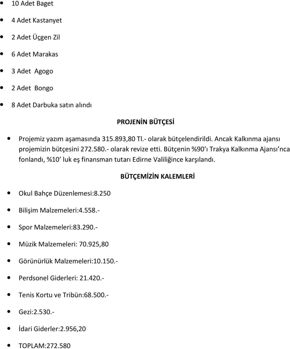 Bütçenin %90 ı Trakya Kalkınma Ajansı nca fonlandı, %10 luk eş finansman tutarı Edirne Valiliğince karşılandı. Okul Bahçe Düzenlemesi:8.250 Bilişim Malzemeleri:4.558.