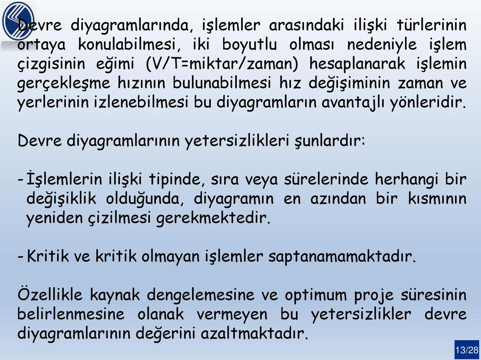 Devre diyagramlarının yetersizlikleri şunlardır: - İşlemlerin ilişki tipinde, sıra veya sürelerinde herhangi bir değişiklik olduğunda, diyagramın en azından bir kısmının yeniden