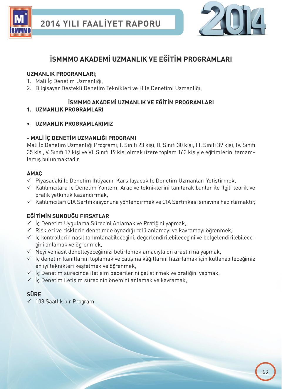 UZMANLIK PROGRAMLARI UZMANLIK PROGRAMLARIMIZ - MALİ İÇ DENETİM UZMANLIĞI PROGRAMI Mali İç Denetim Uzmanlığı Programı; I. Sınıfı 23 kişi, II. Sınıfı 30 kişi, III. Sınıfı 39 kişi, IV. Sınıfı 35 kişi, V.