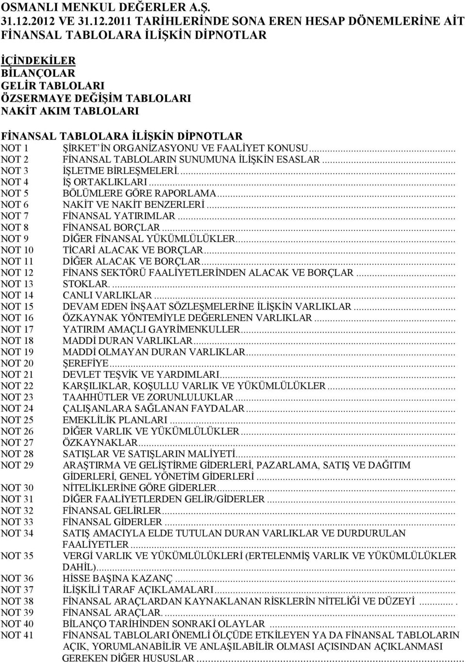 .. NOT 9 DİĞER FİNANSAL YÜKÜMLÜLÜKLER... NOT 10 TİCARİ ALACAK VE BORÇLAR... NOT 11 DİĞER ALACAK VE BORÇLAR... NOT 12 FİNANS SEKTÖRÜ FAALİYETLERİNDEN ALACAK VE BORÇLAR... NOT 13 STOKLAR.