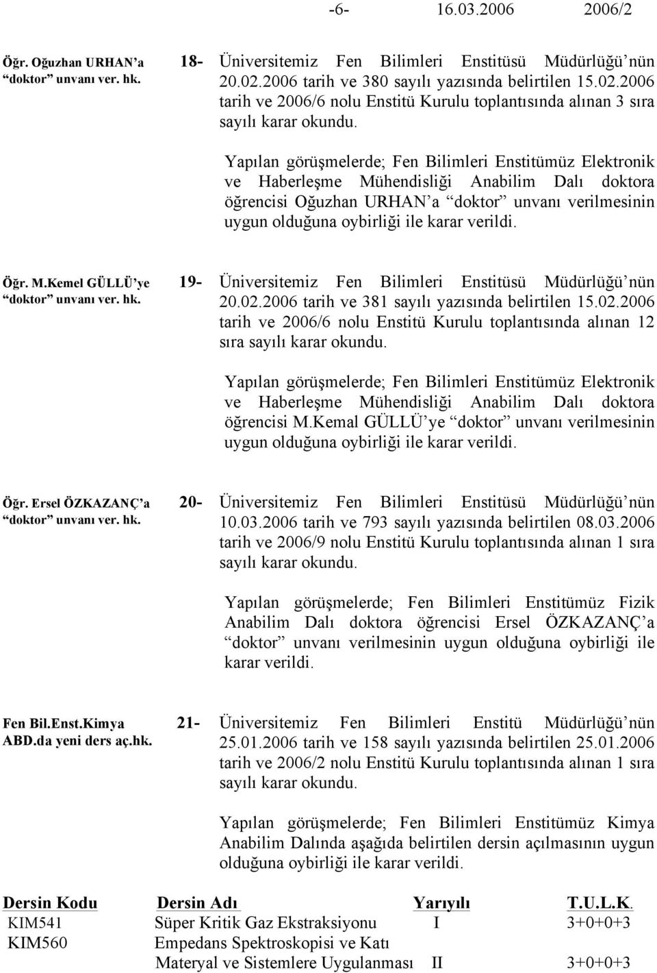 2006 tarih ve 2006/6 nolu Enstitü Kurulu toplantısında alınan 3 sıra Yapılan görüşmelerde; Fen Bilimleri Enstitümüz Elektronik ve Haberleşme Mühendisliği Anabilim Dalı doktora öğrencisi Oğuzhan URHAN