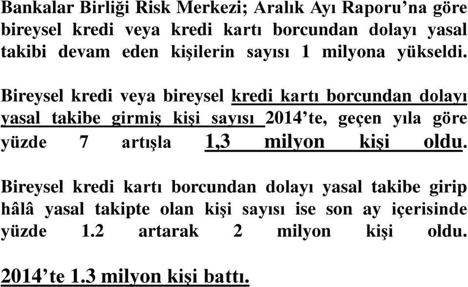 Bireysel kredi veya bireysel kredi kartı borcundan dolayı yasal takibe girmiş kişi sayısı 2014 te, geçen yıla göre yüzde 7