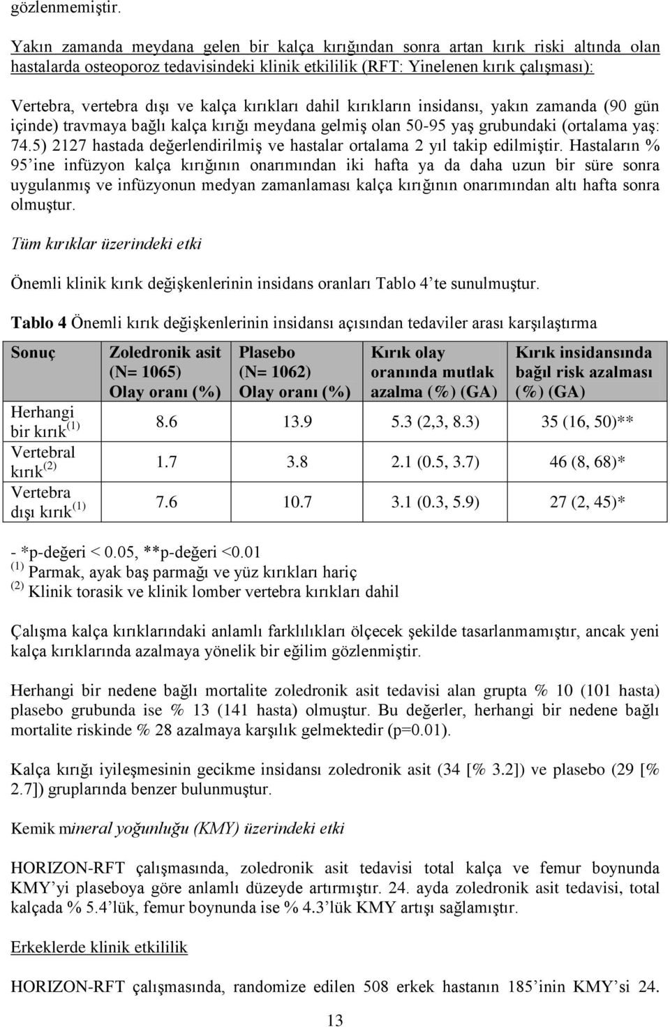 kalça kırıkları dahil kırıkların insidansı, yakın zamanda (90 gün içinde) travmaya bağlı kalça kırığı meydana gelmiş olan 50-95 yaş grubundaki (ortalama yaş: 74.