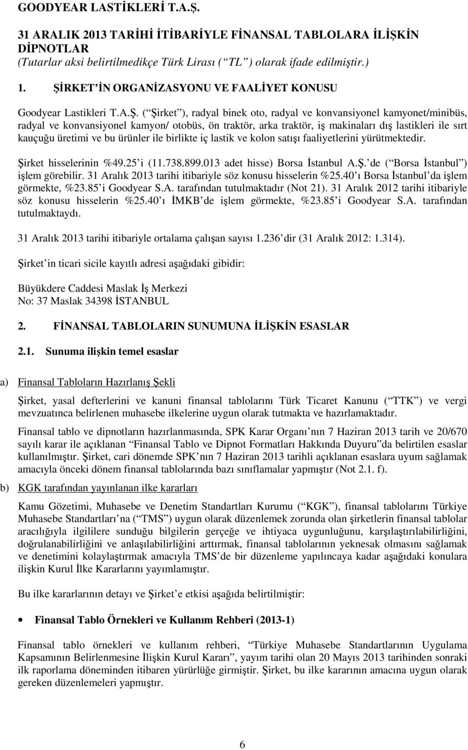 013 adet hisse) Borsa İstanbul A.Ş. de ( Borsa İstanbul ) işlem görebilir. 31 Aralık 2013 tarihi itibariyle söz konusu hisselerin %25.40 ı Borsa İstanbul da işlem görmekte, %23.85 i Goodyear S.A. tarafından tutulmaktadır (Not 21).