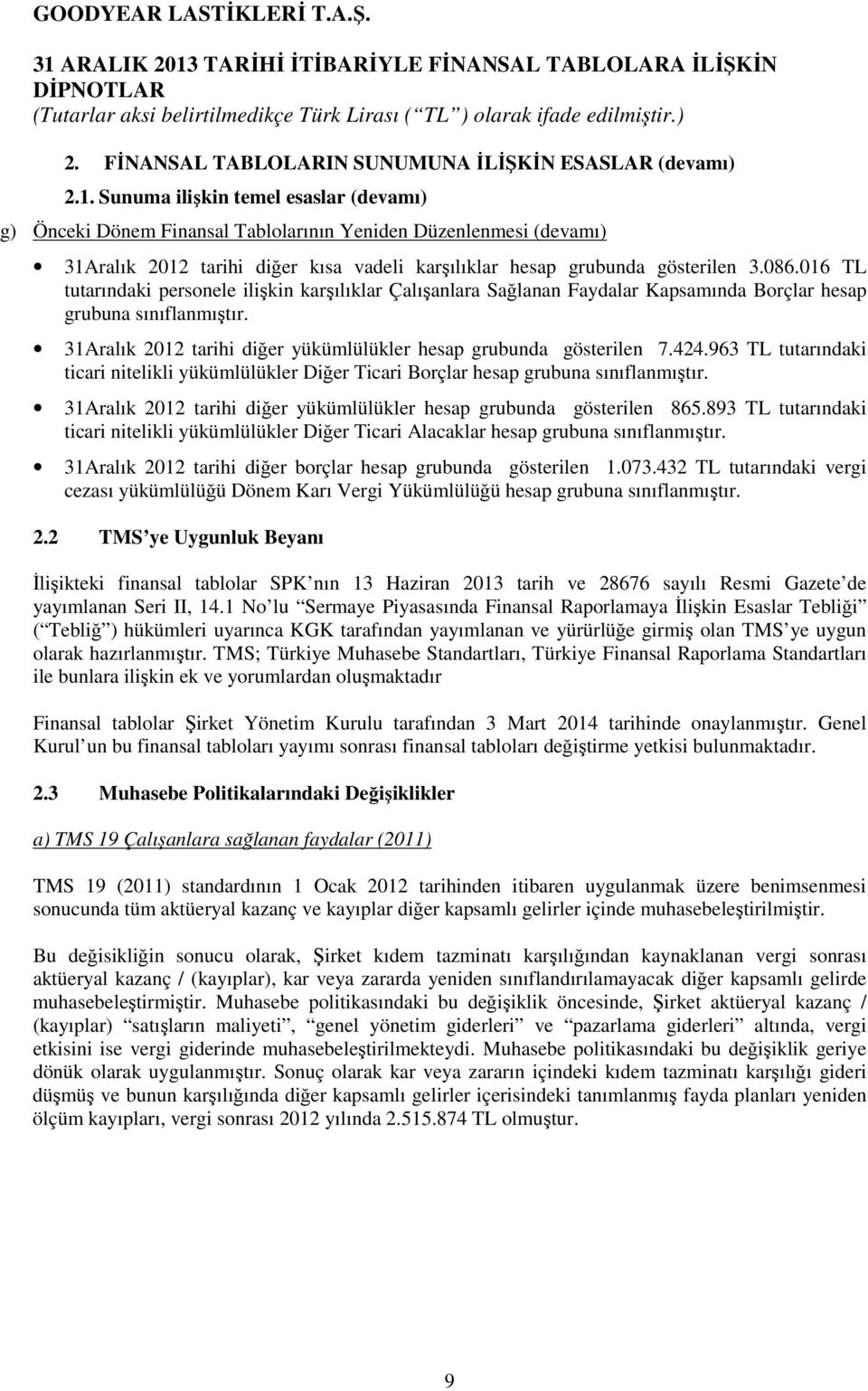 016 TL tutarındaki personele ilişkin karşılıklar Çalışanlara Sağlanan Faydalar Kapsamında Borçlar hesap grubuna sınıflanmıştır. 31Aralık 2012 tarihi diğer yükümlülükler hesap grubunda gösterilen 7.