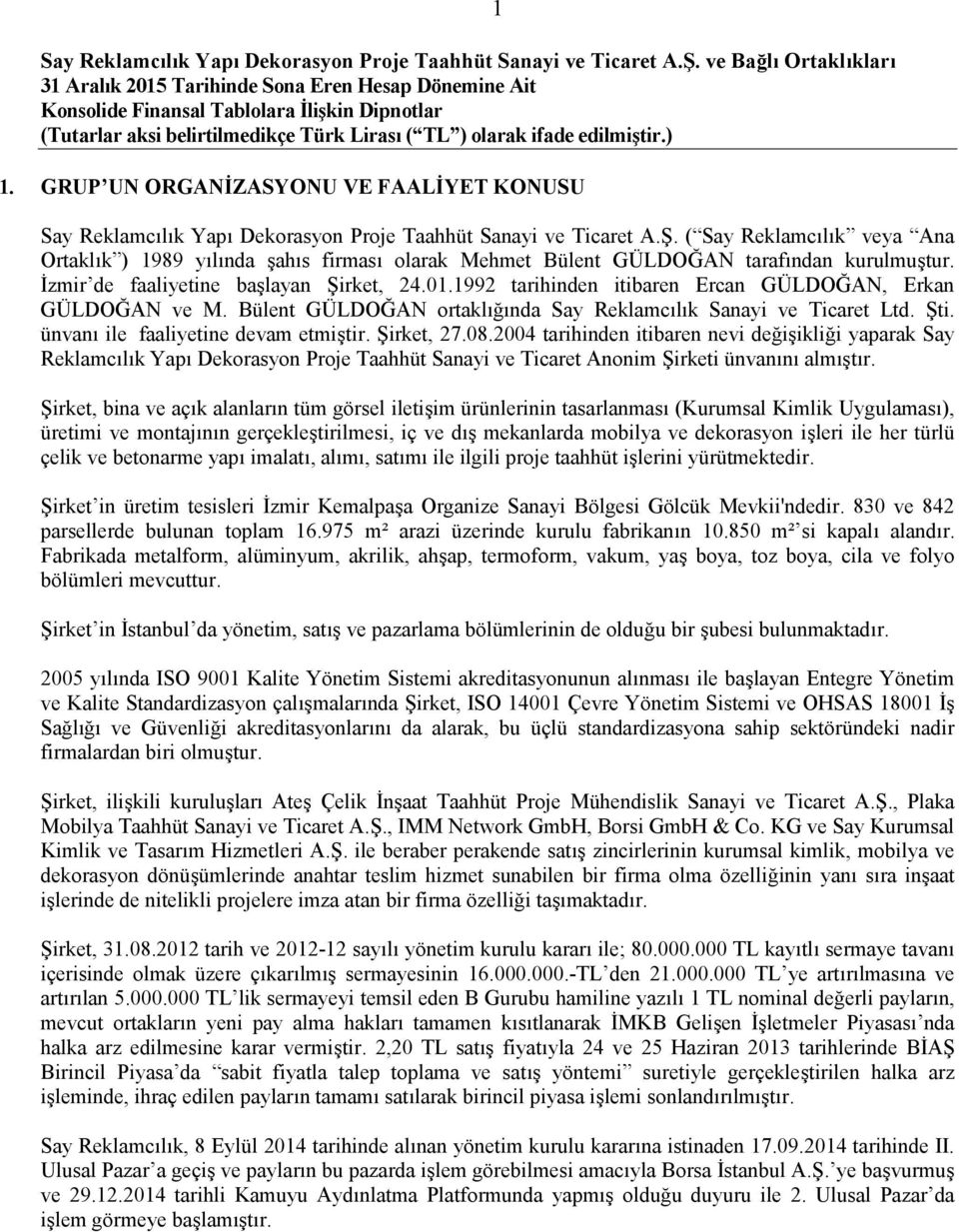 1992 tarihinden itibaren Ercan GÜLDOĞAN, Erkan GÜLDOĞAN ve M. Bülent GÜLDOĞAN ortaklığında Say Reklamcılık Sanayi ve Ticaret Ltd. Şti. ünvanı ile faaliyetine devam etmiştir. Şirket, 27.08.