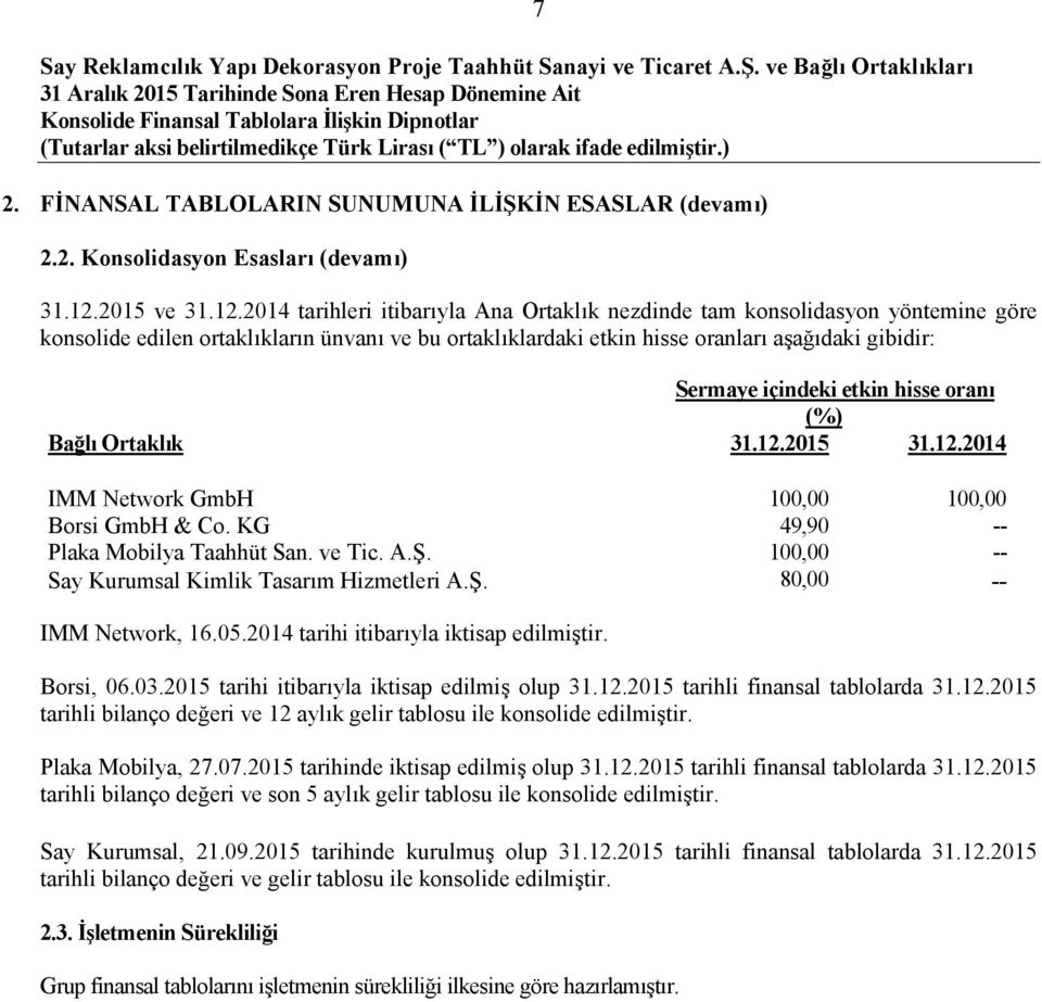 2014 tarihleri itibarıyla Ana Ortaklık nezdinde tam konsolidasyon yöntemine göre konsolide edilen ortaklıkların ünvanı ve bu ortaklıklardaki etkin hisse oranları aşağıdaki gibidir: Sermaye içindeki