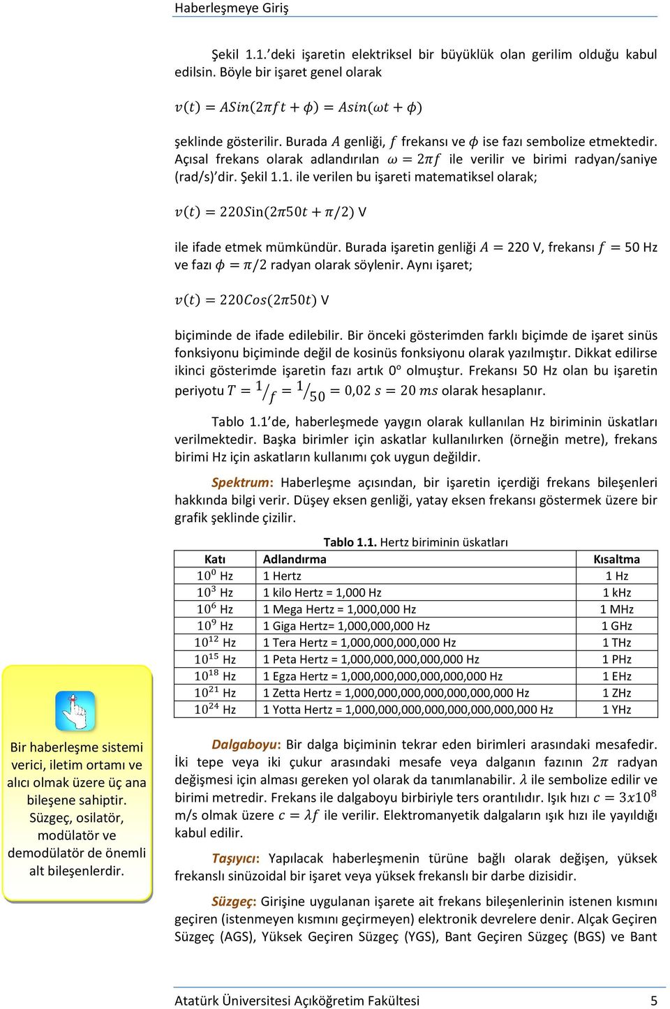 1. ile verilen bu işareti matematiksel olarak; v(t) = 220Sin (2π50t + π/2) V ile ifade etmek mümkündür. Burada işaretin genliği A = 220 V, frekansı f = 50 Hz ve fazı φ = π/2 radyan olarak söylenir.