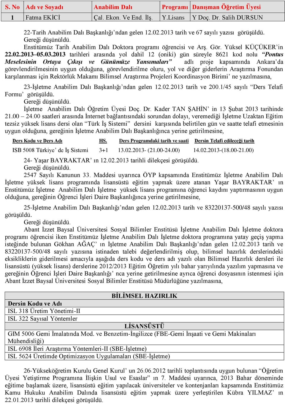 2013 tarihleri arasında yol dahil 12 (oniki) gün süreyle 8621 kod nolu Pontus Meselesinin Ortaya Çıkışı ve Günümüze Yansımaları adlı proje kapsamında Ankara da görevlendirilmesinin uygun olduğuna,