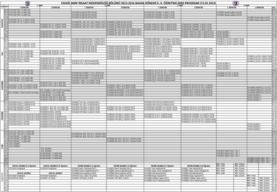 ÖĞRETİM 2 ÖĞRETİM GÜN 08-09 151412196 FİZİK II A-B(M1-M2) 08-09 09-10 151412196 FİZİK II A-B(M1-M2) 151414556 ÖLÇME BİLGİSİ A(A105) 151416339 BETONARME I A-B(A217-A218) 151418687 Mesleki İngilizce