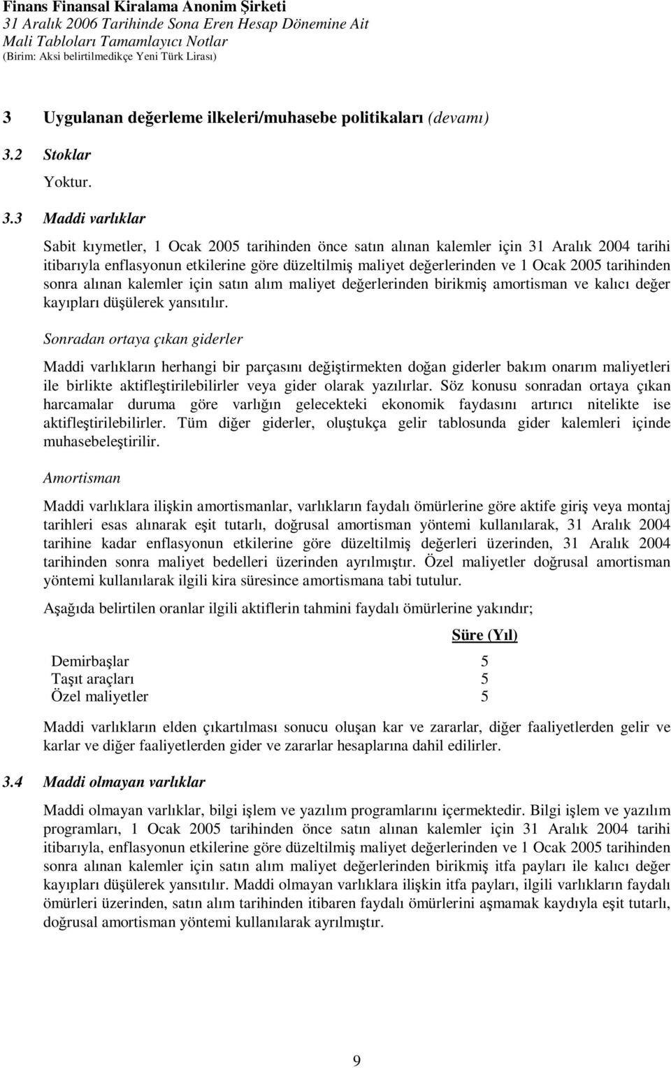 3 Maddi varlıklar Sabit kıymetler, 1 Ocak 2005 tarihinden önce satın alınan kalemler için 31 Aralık 2004 tarihi itibarıyla enflasyonun etkilerine göre düzeltilmiş maliyet değerlerinden ve 1 Ocak 2005