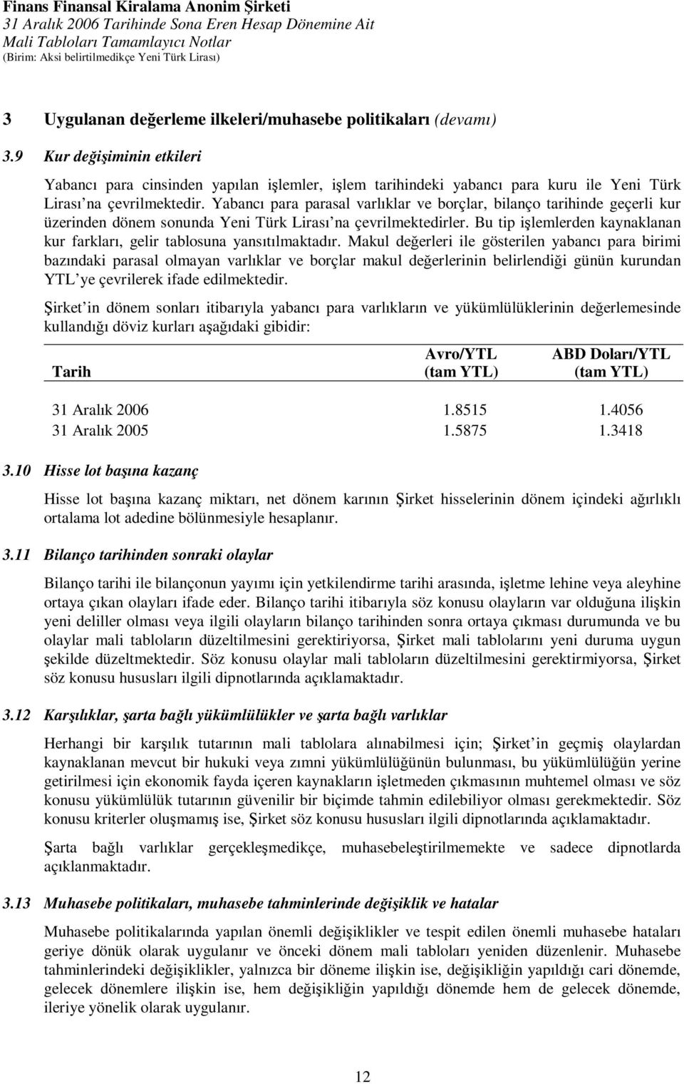 Yabancı para parasal varlıklar ve borçlar, bilanço tarihinde geçerli kur üzerinden dönem sonunda Yeni Türk Lirası na çevrilmektedirler.