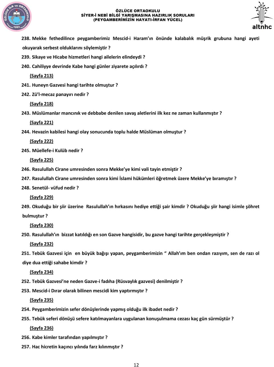 Zü l-mecaz panayırı nedir? (Sayfa 218) 243. Müslümanlar mancınık ve debbabe denilen savaş aletlerini ilk kez ne zaman kullanmıştır? (Sayfa 221) 244.