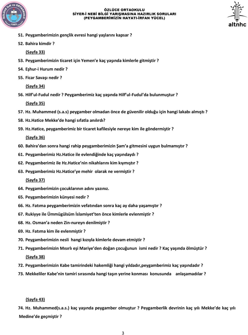 58. Hz.Hatice Mekke de hangi sıfatla anılırdı? 59. Hz.Hatice, peygamberimiz bir ticaret kafilesiyle nereye kim ile göndermiştir? (Sayfa 36) 60.