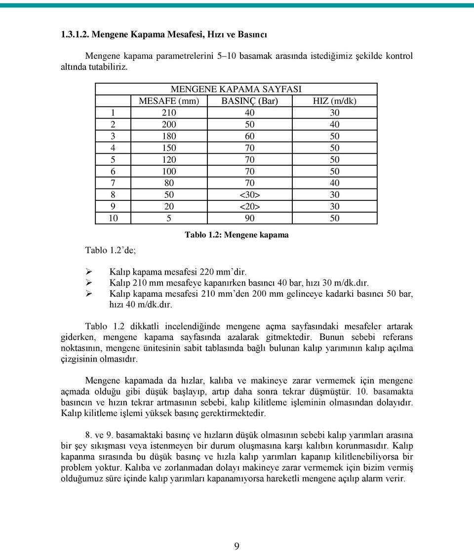 2 de; Tablo 1.2: Mengene kapama Kalıp kapama mesafesi 220 mm dir. Kalıp 210 mm mesafeye kapanırken basıncı 40 bar, hızı 30 m/dk.dır.