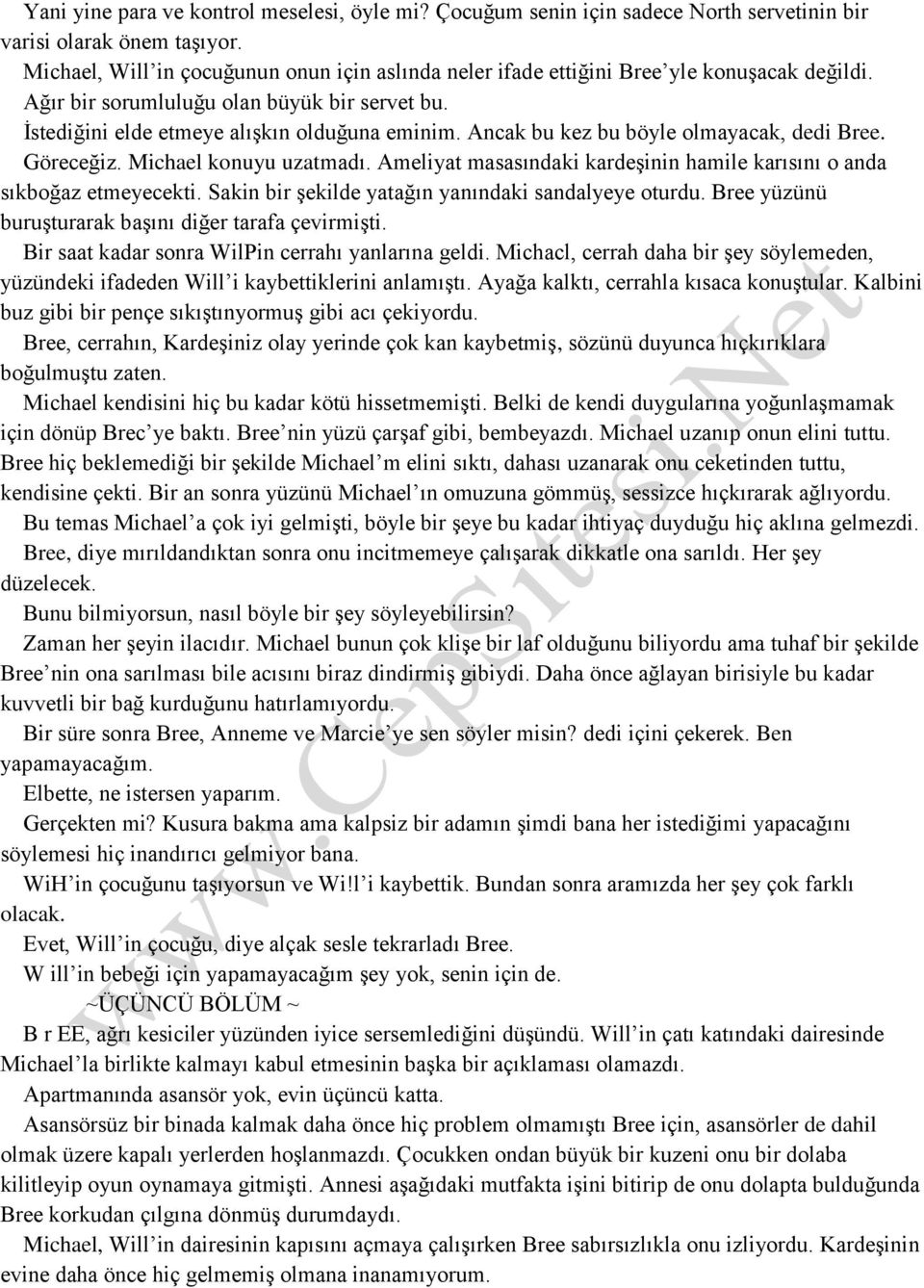 Ancak bu kez bu böyle olmayacak, dedi Bree. Göreceğiz. Michael konuyu uzatmadı. Ameliyat masasındaki kardeşinin hamile karısını o anda sıkboğaz etmeyecekti.