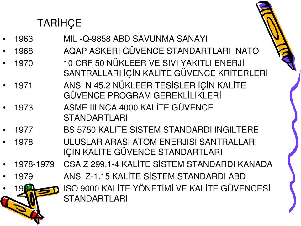 2 NÜKLEER TESİSLER İÇİN KALİTE GÜVENCE PROGRAM GEREKLİLİKLERİ 1973 ASME III NCA 4000 KALİTE GÜVENCE STANDARTLARI 1977 BS 5750 KALİTE SİSTEM