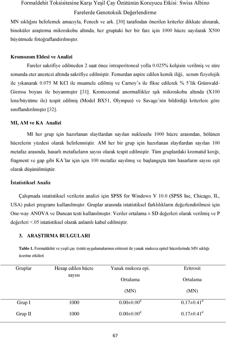 Kromozom Eldesi ve Analizi Fareler sakrifiye edilmeden 2 saat önce intraperitoneal yolla 0.025% kolşisin verilmiş ve süre sonunda eter anestezi altında sakrifiye edilmiştir.