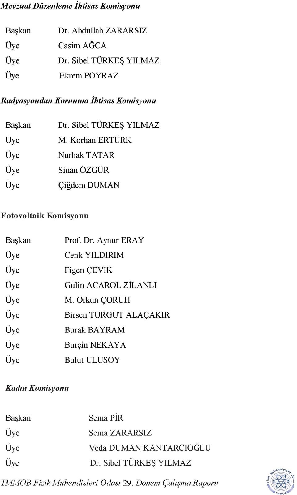 Korhan ERTÜRK Nurhak TATAR Sinan ÖZGÜR Çiğdem DUMAN Fotovoltaik Komisyonu Başkan Üye Üye Üye Üye Üye Üye Üye Üye Prof. Dr.