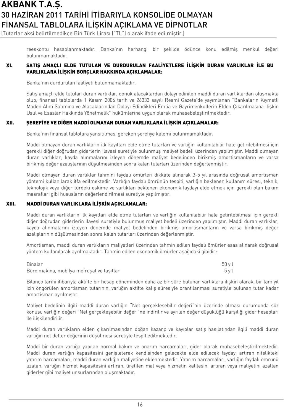 Satış amaçlı elde tutulan duran varlıklar, donuk alacaklardan dolayı edinilen maddi duran varlıklardan oluşmakta olup, finansal tablolarda 1 Kasım 2006 tarih ve 26333 sayılı Resmi Gazete de