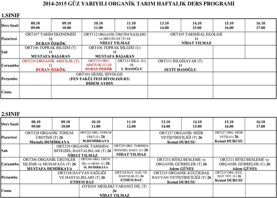 BİLGİSİ (U) MUSTAFA BAġARAN ORT210 ORG. ARICILIK (U) DURAN ÖZKÖK ORT101 GENEL BİYOLOJİ (FEN FAKÜLTESĠ BĠYOLOJĠ-B3) DĠDEM AYDIN ORT1 BİLG. (U) S.