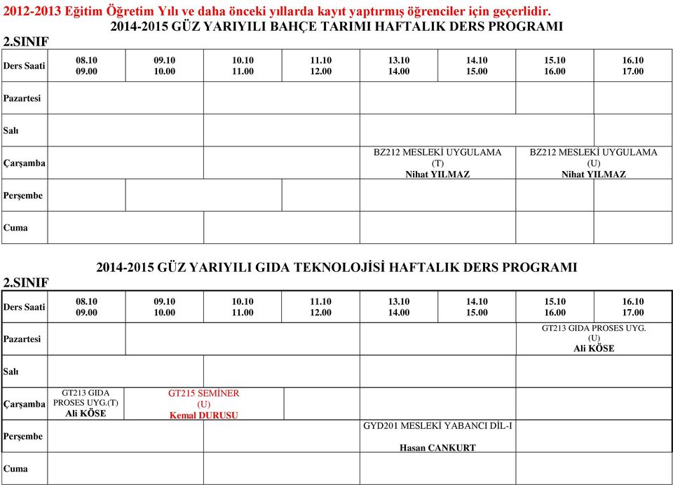 20-2015 GÜZ YARIYILI BAHÇE TARIMI HAFTALIK DERS PROGRAMI BZ212 MESLEKİ UYGULAMA (T) BZ212