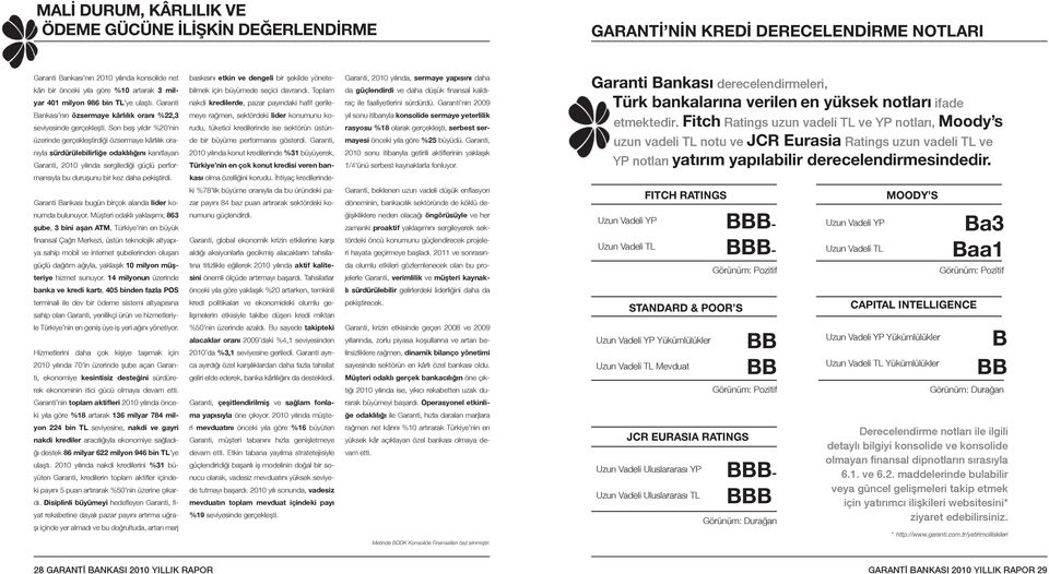 Son beş yıldır %20 nin üzerinde gerçekleştirdiği özsermaye kârlılık oranıyla sürdürülebilirliğe odaklılığını kanıtlayan Garanti, 2010 yılında sergilediği güçlü perfor- baskısını etkin ve dengeli bir