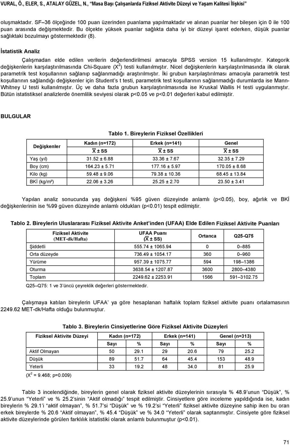 İstatistik Analiz Çalışmadan elde edilen verilerin değerlendirilmesi amacıyla SPSS version 15 kullanılmıştır. Kategorik değişkenlerin karşılaştırılmasında Chi-Square (X 2 ) testi kullanılmıştır.