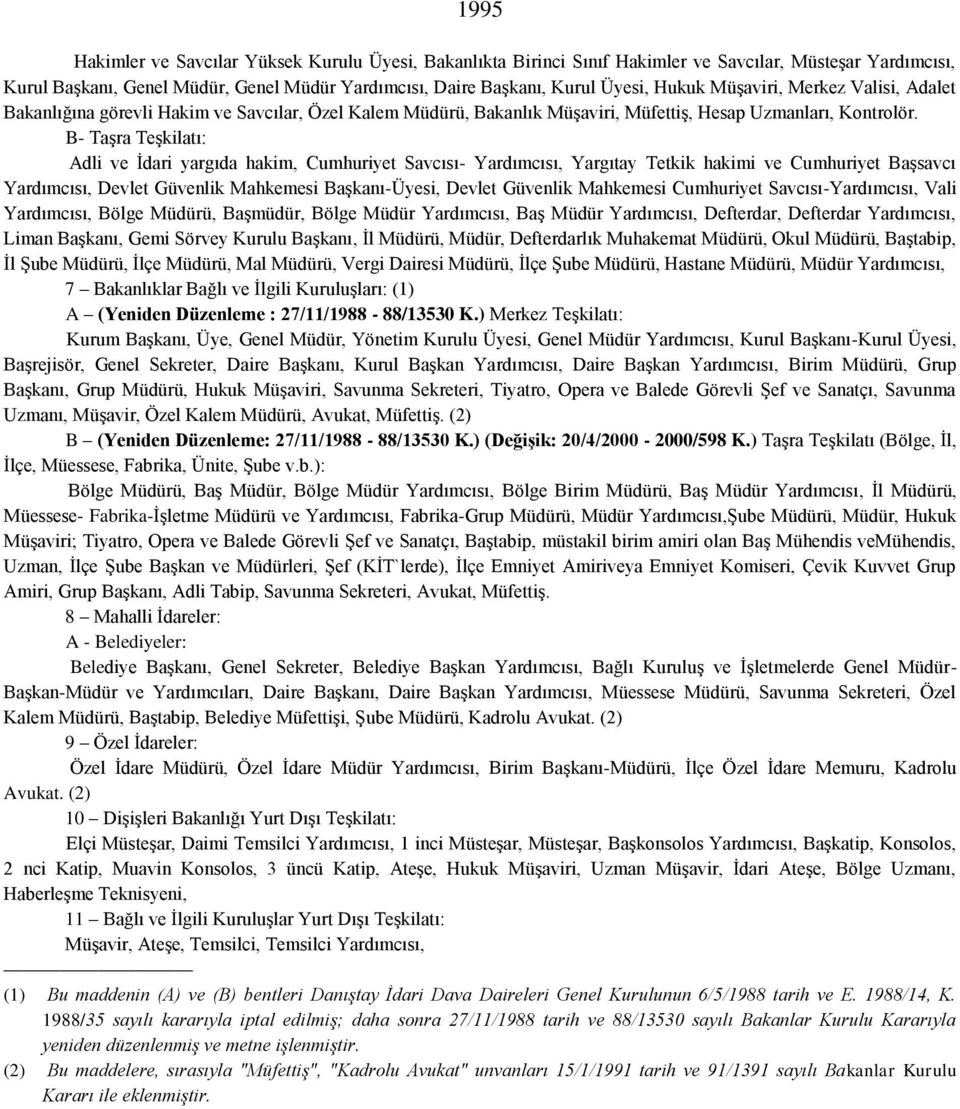 B- Taşra Teşkilatı: Adli ve İdari yargıda hakim, Cumhuriyet Savcısı- Yardımcısı, Yargıtay Tetkik hakimi ve Cumhuriyet Başsavcı Yardımcısı, Devlet Güvenlik Mahkemesi Başkanı-Üyesi, Devlet Güvenlik