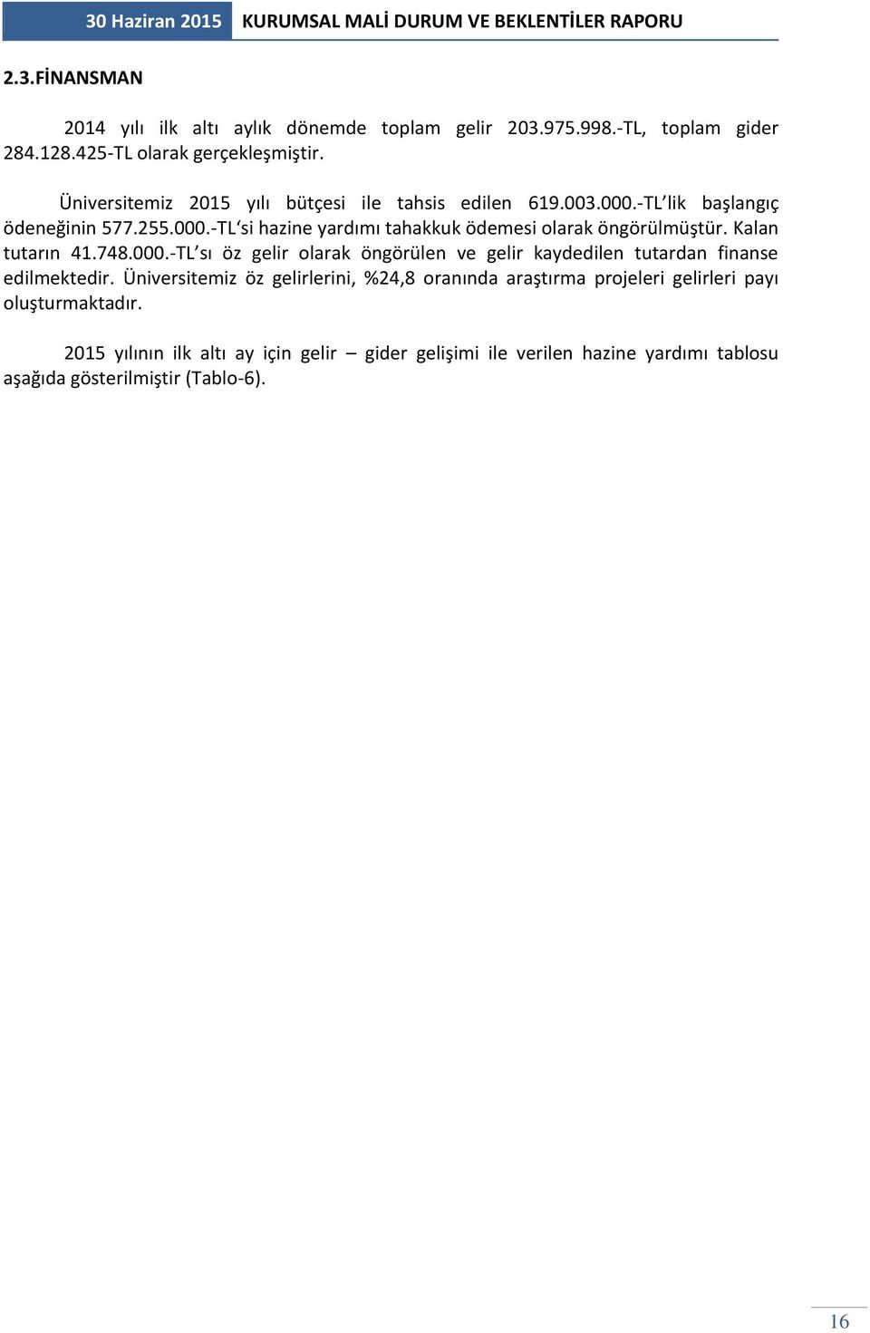 Kalan tutarın 41.748.000.-TL sı öz gelir olarak öngörülen ve gelir kaydedilen tutardan finanse edilmektedir.