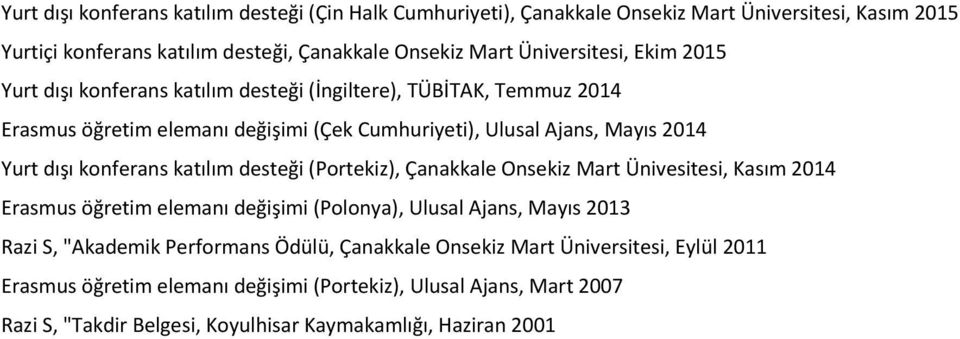 dışı konferans katılım desteği (Portekiz), Çanakkale Onsekiz Mart Ünivesitesi, Kasım 2014 Erasmus öğretim elemanı değişimi (Polonya), Ulusal Ajans, Mayıs 2013 Razi S, "Akademik