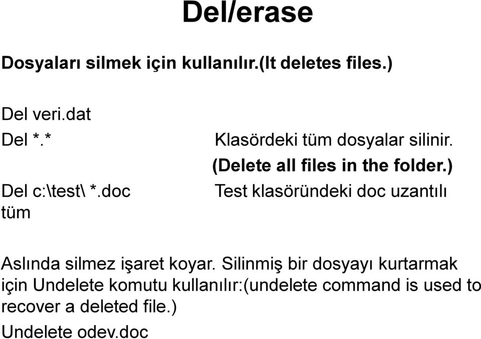 ) Test klasöründeki doc uzantılı Aslında silmez işaret koyar.