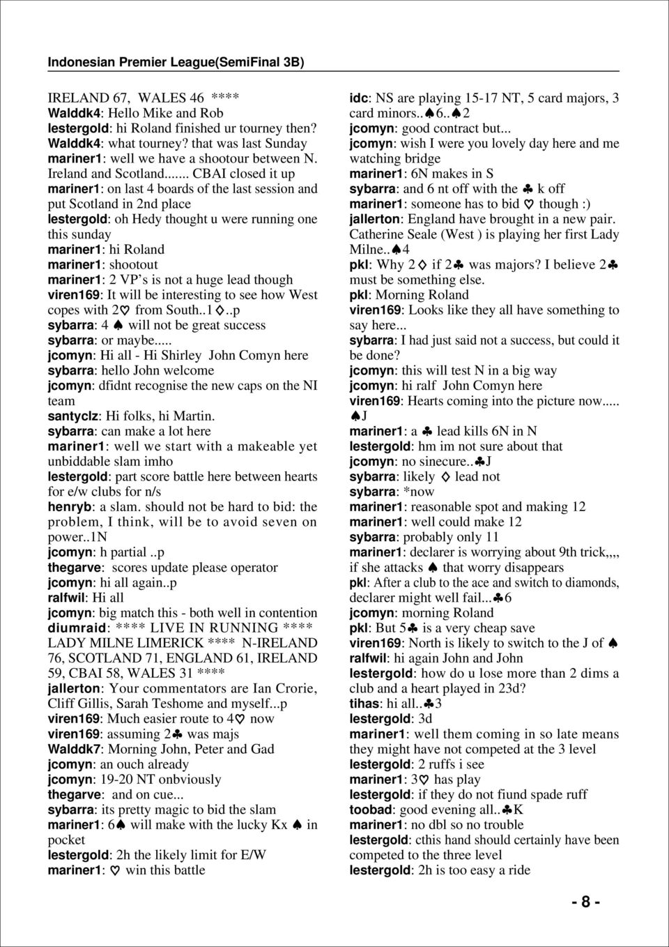 .. CBAI closed it up mariner1: on last 4 boards of the last session and put Scotland in 2nd place lestergold: oh Hedy thought u were running one this sunday mariner1: hi Roland mariner1: shootout