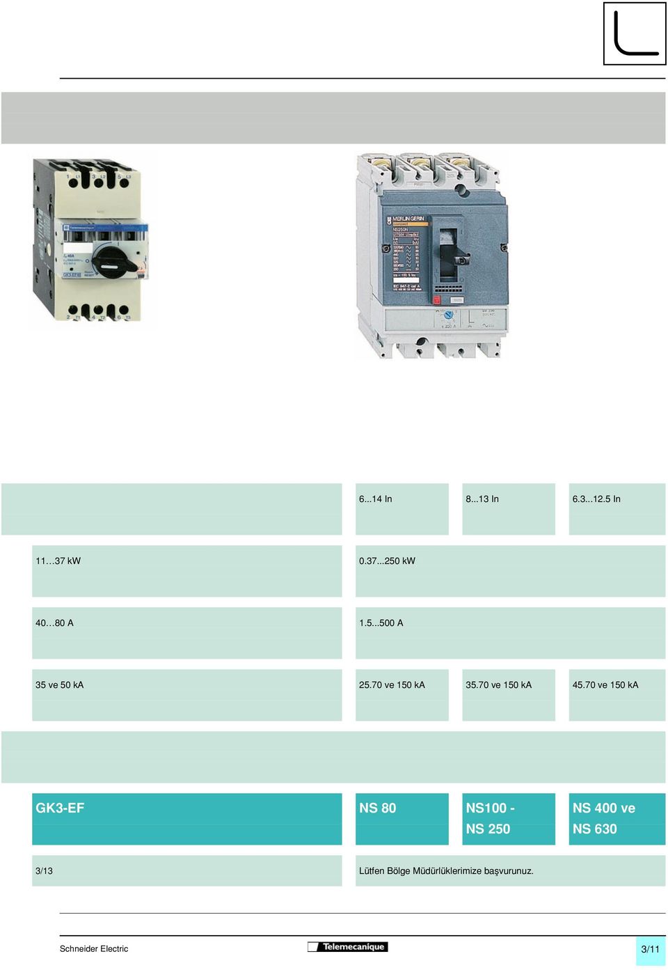 70 ve 150 ka GK3-EF NS 80 NS100 - NS 400 ve NS 250 NS 630 3/13 L