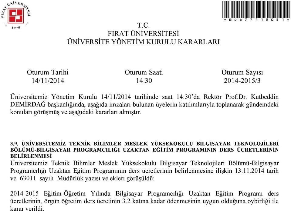 Programının ders ücretlerinin belirlenmesine ilişkin 13.11.