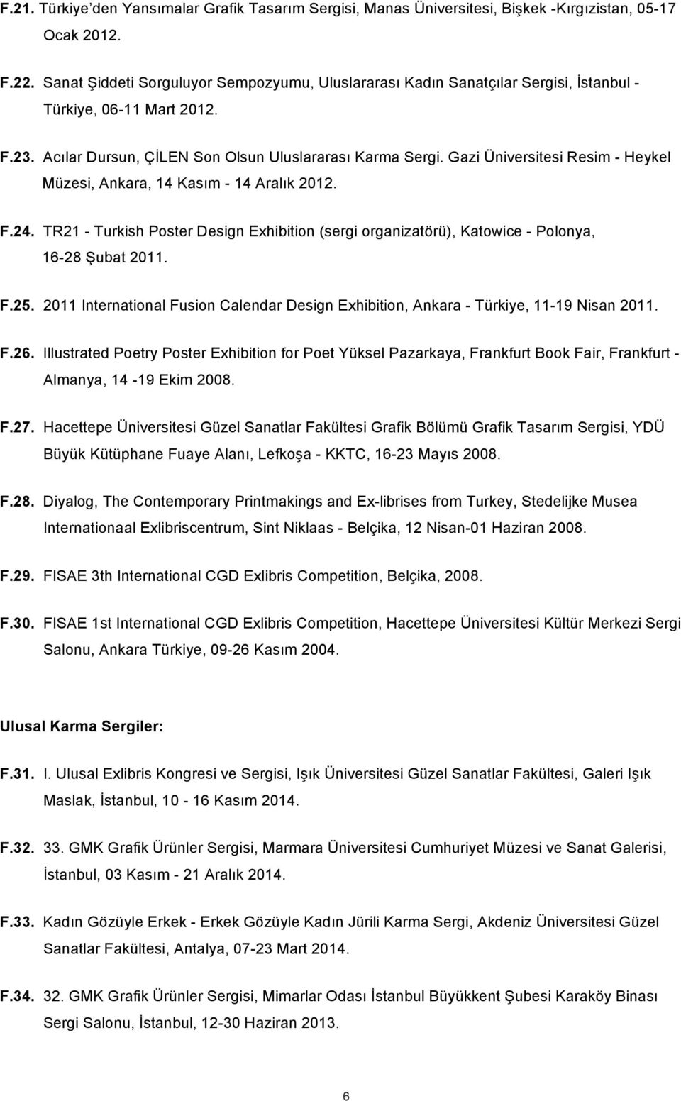 Gazi Üniversitesi Resim - Heykel Müzesi, Ankara, 14 Kasım - 14 Aralık 2012. F.24. TR21 - Turkish Poster Design Exhibition (sergi organizatörü), Katowice - Polonya, 16-28 Şubat 2011. F.25.