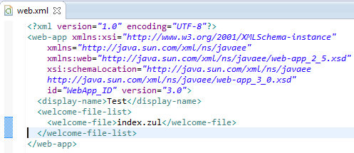 9. index.zul açılış sayfası olarak ayarlamamız gerekir. Projemizdeki WebContent/WEB-INF/web.xml dosyasını açıyoruz.ekrandaki welcome-file taglarini silip sadece index.