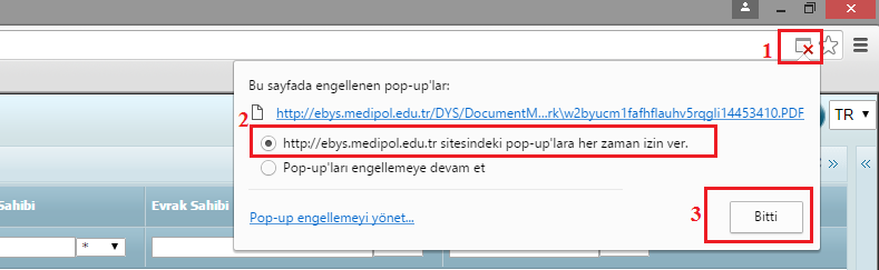 I. POP-UP ENGELLEMESİ EBYS de evrak görüntüleyememek çoğu zaman pop-upların engellenmesinden kaynaklanmaktadır.