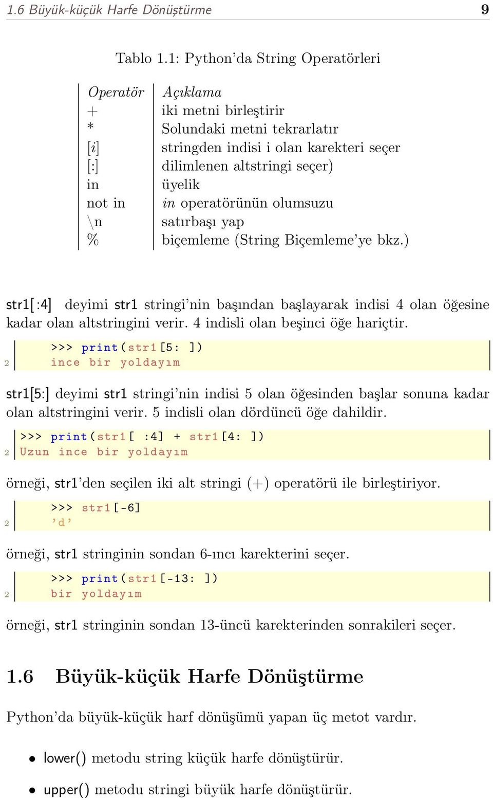 in operatörünün olumsuzu \n satırbaşı yap % biçemleme (String Biçemleme ye bkz.) str1[ :4] deyimi str1 stringi nin başından başlayarak indisi 4 olan öğesine kadar olan altstringini verir.